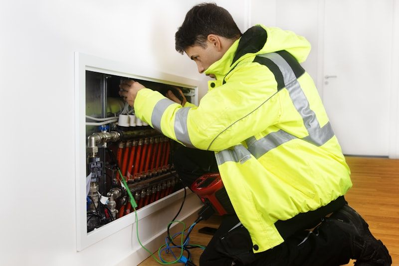 Engineer in hi-vis working on a heating and ventilation manifold